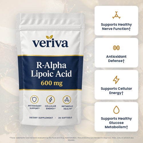 Veriva R-Alpha Lipoic Acid 600 mg benefits: supports healthy nerve function, antioxidant defense, cellular energy and healthy glucose metabolism