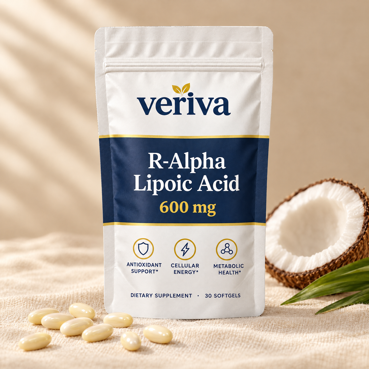 Veriva R-Alpha Lipoic Acid 600 mg pouch with softgels and coconut