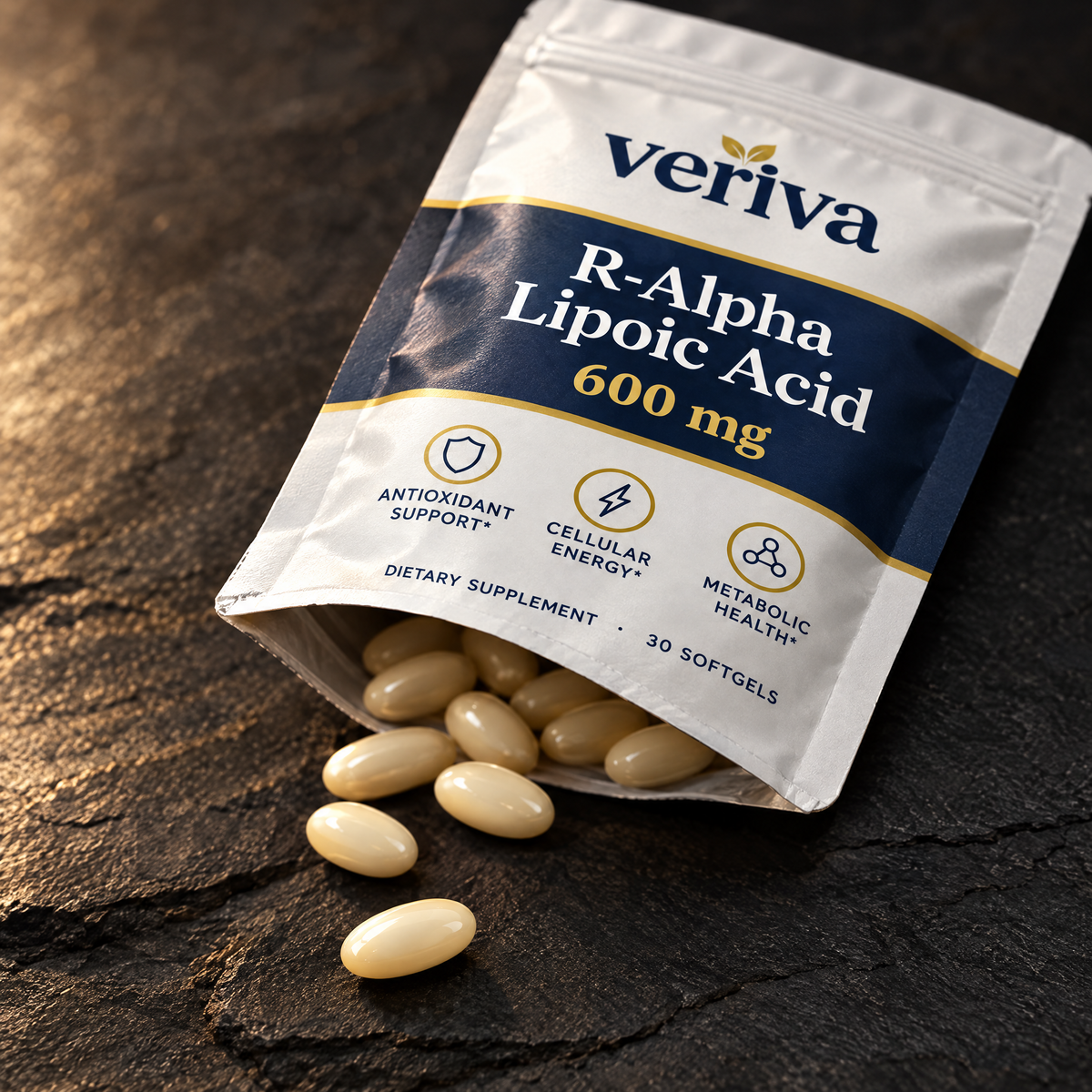 Open Veriva pouch with softgels spilling out