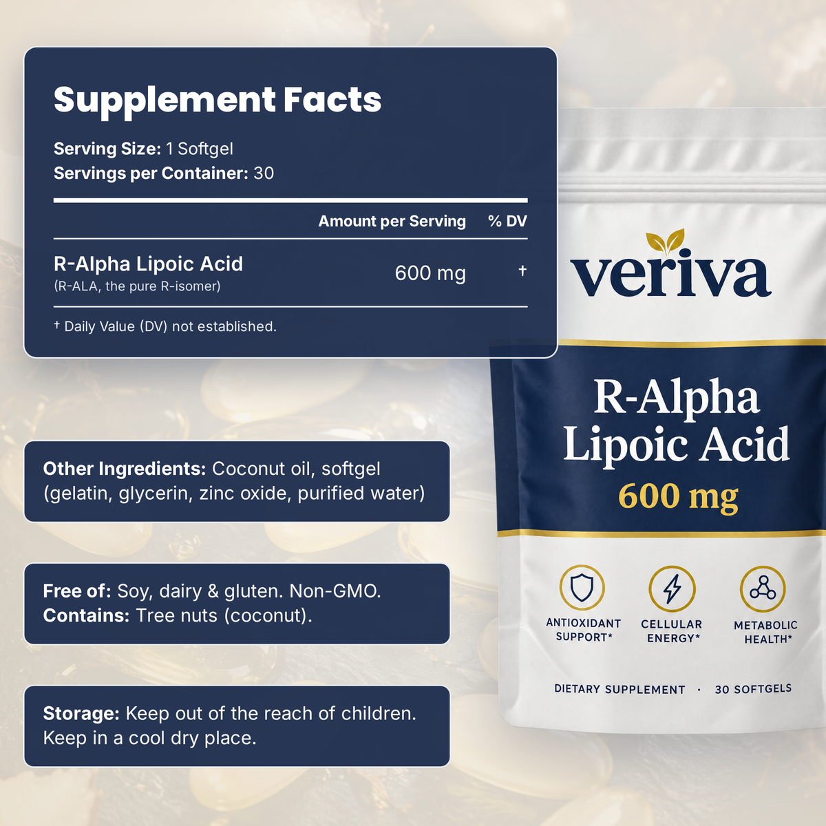 Veriva Supplement Facts panel: 1 softgel, 30 servings, R-Alpha Lipoic Acid 600 mg, other ingredients and allergen information