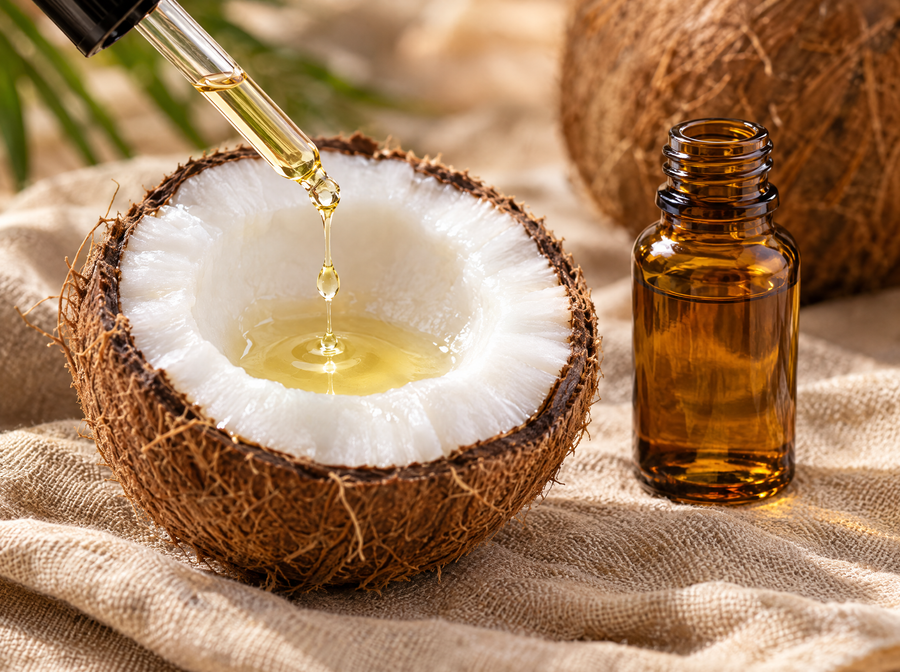 Coconut oil dropper over a split coconut