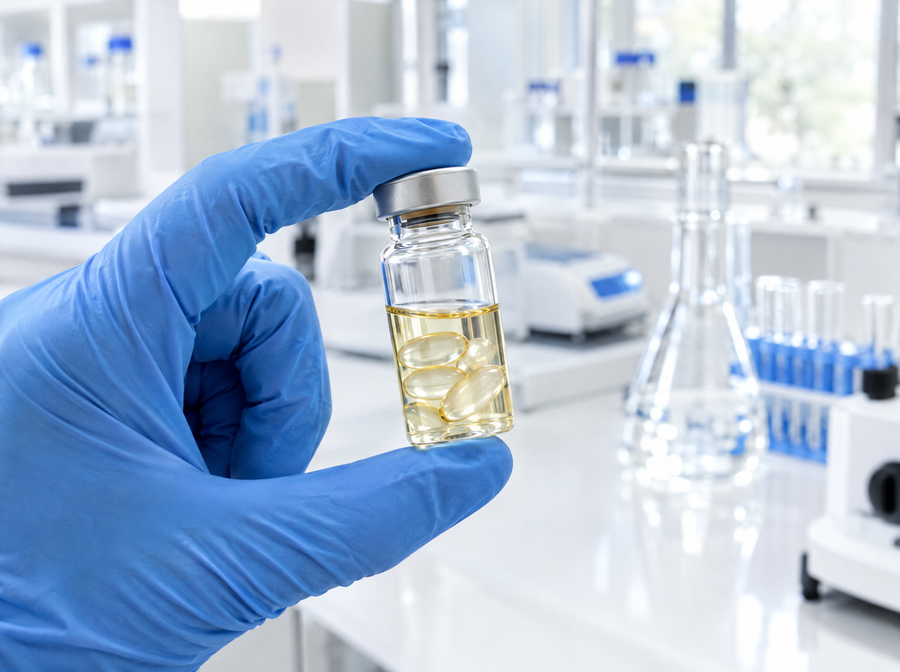 Gloved hand holding a vial of softgels in a lab