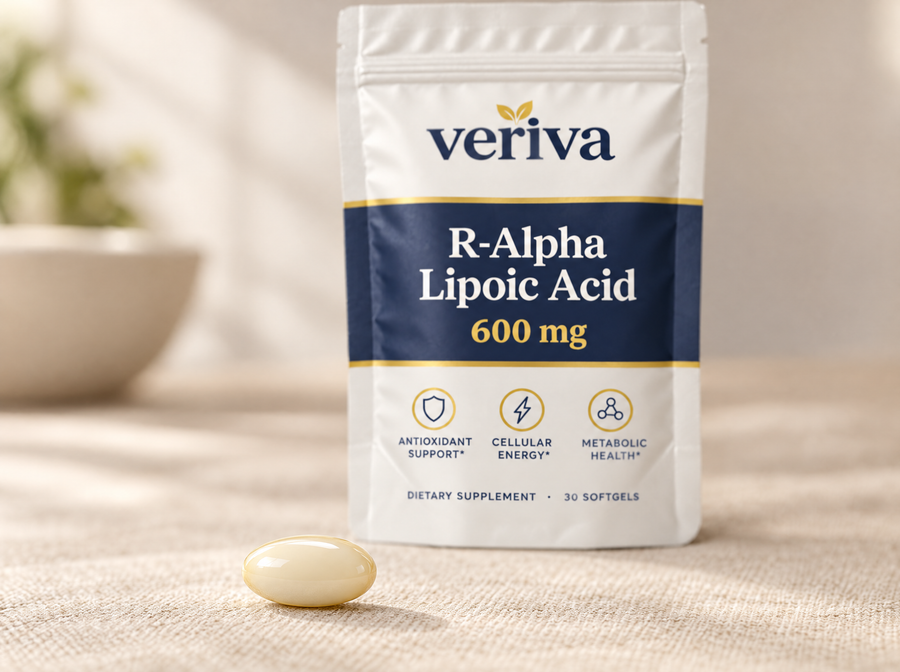 A single Veriva softgel in front of the pouch