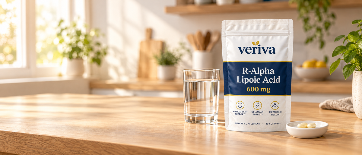 Veriva pouch with coconut and softgels on a cream stone surface