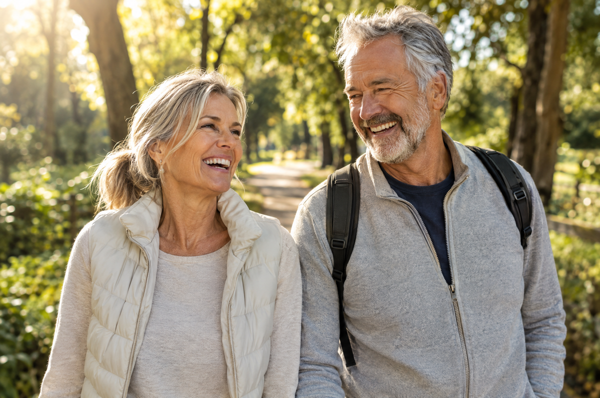 Couple laughing on a morning walk