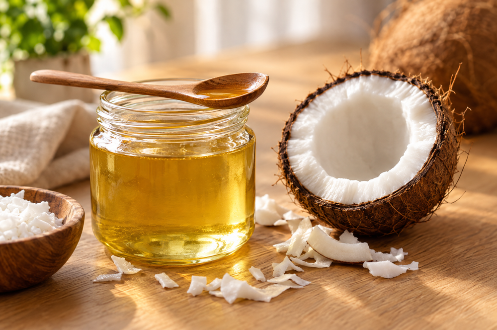 Jar of coconut oil with a halved coconut