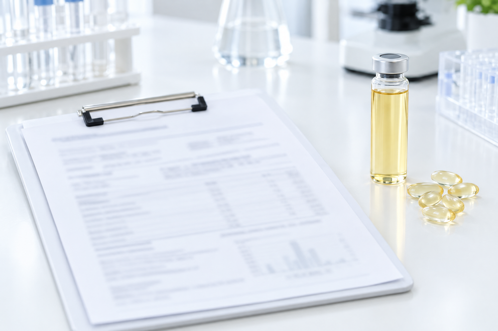 Clipboard with a test report beside a vial and softgels