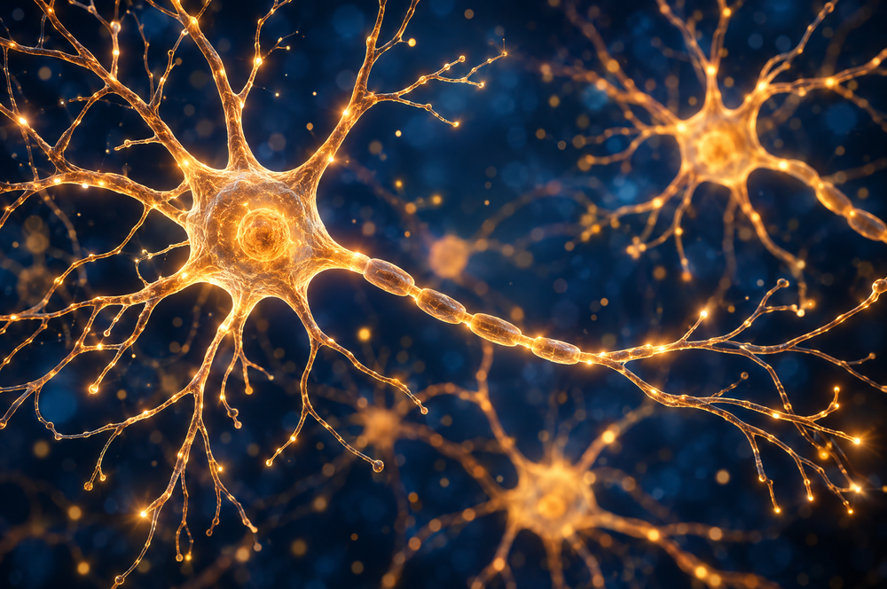 Illustration of neurons glowing in amber light