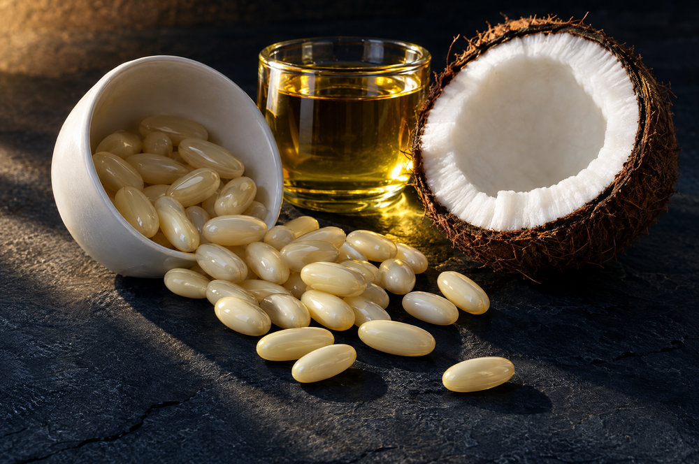 Softgels spilling from a bowl beside a coconut