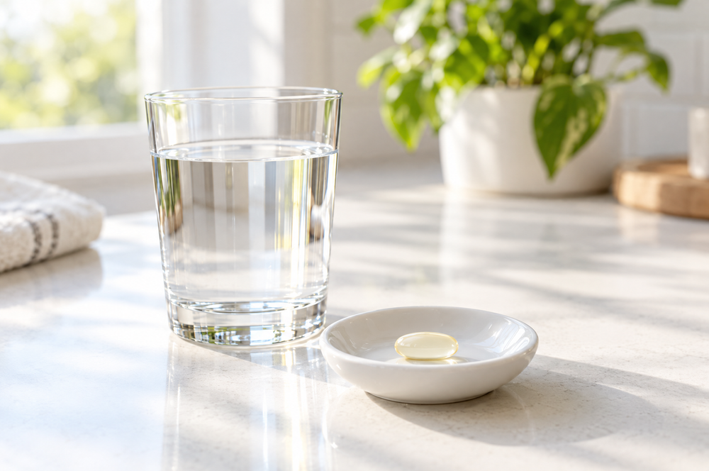 Glass of water and one softgel on a kitchen counter